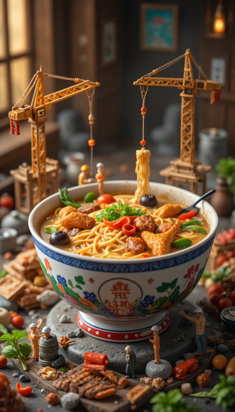 Enorme sopa chinesa de macarrão com frango como diorama de minifuncionários