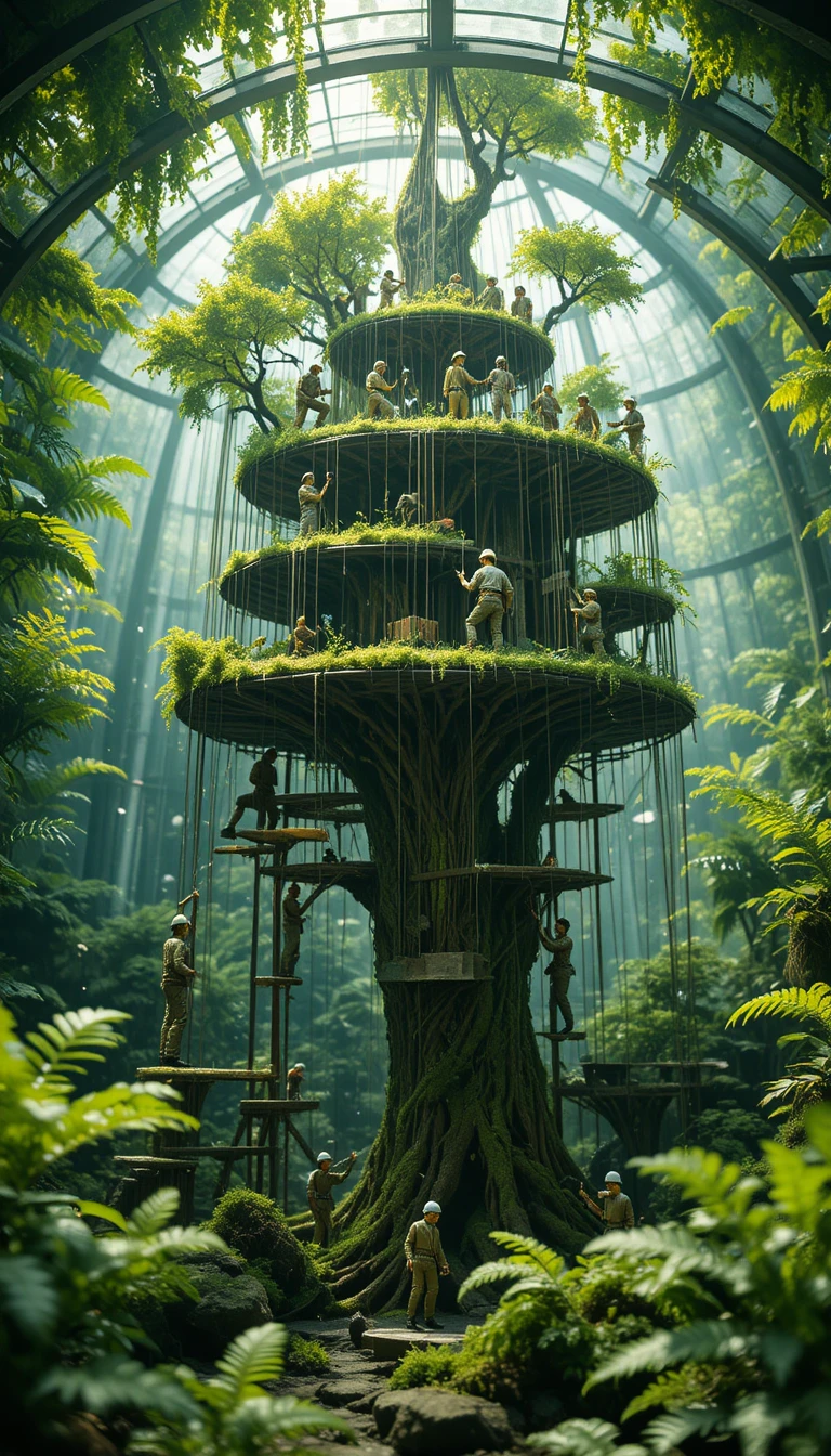 Miniature moss builders crafting a treehouse in a terrarium