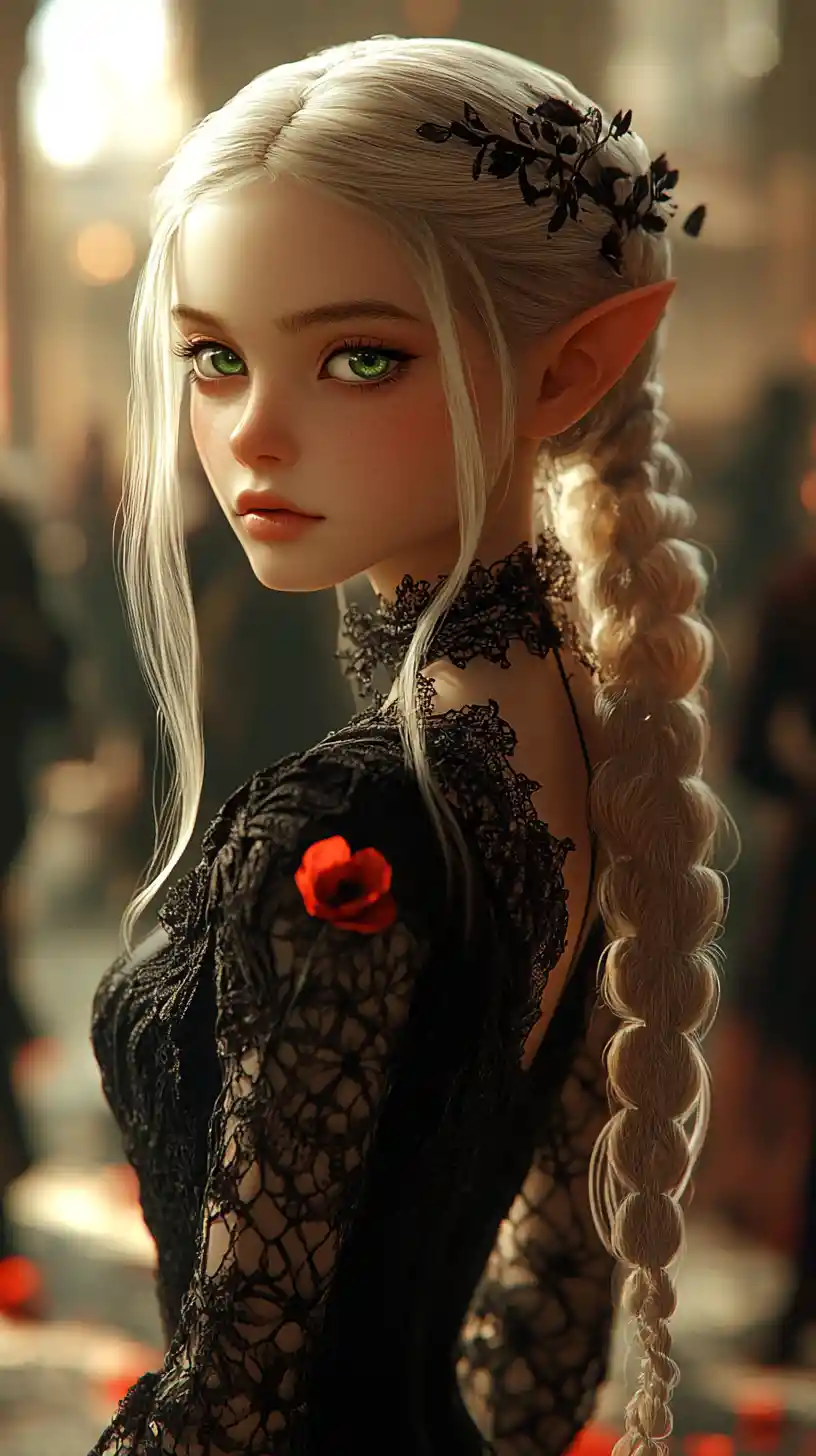 Melancholic elf girl in black lace gown in ballroom