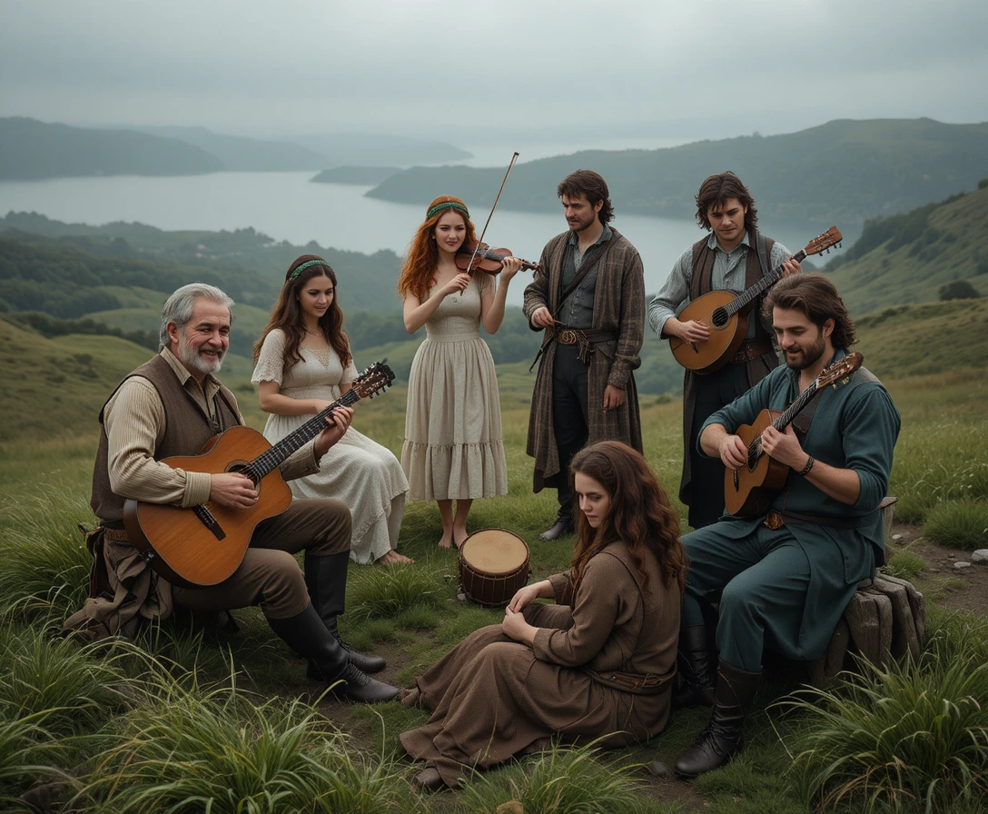 Músicos reunidos en una colina brumosa sobre un lago lejano