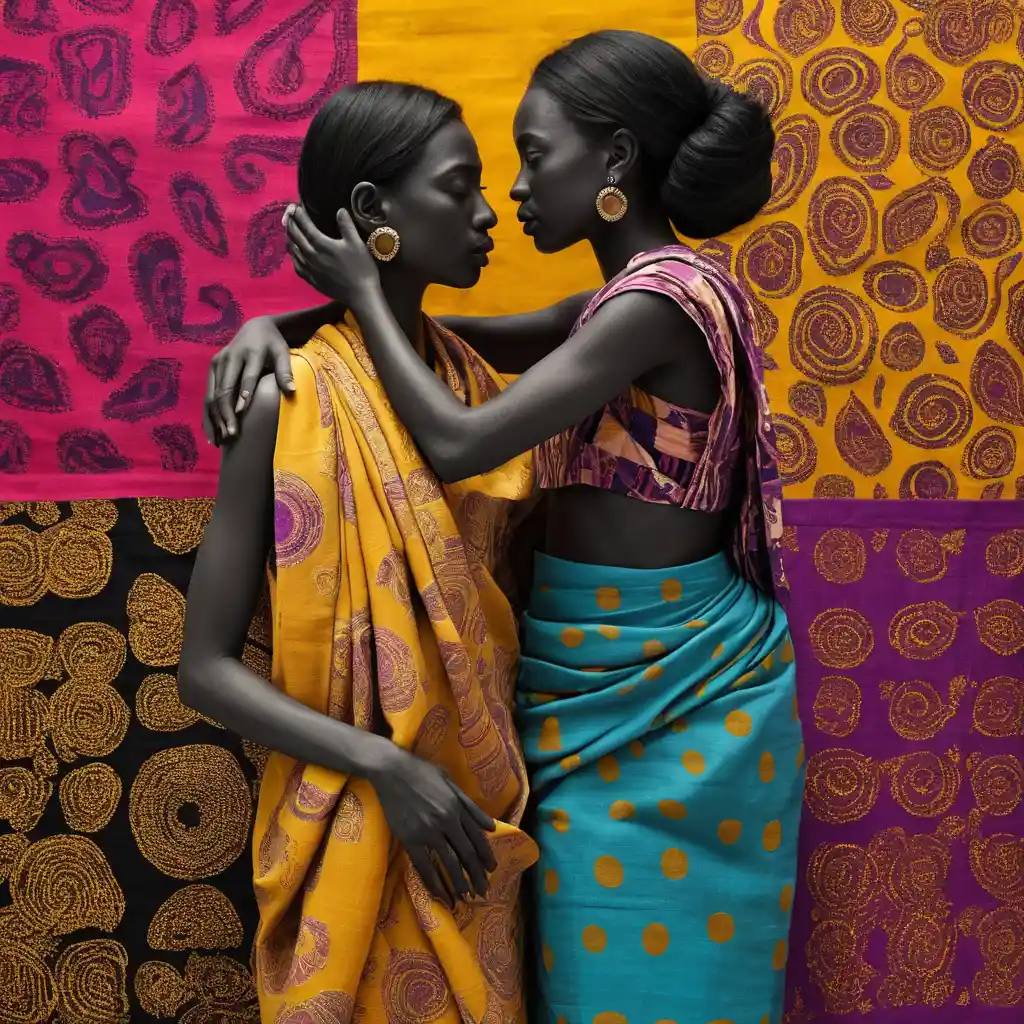 Figuras abstractas en abrazo tejidas con patrones textiles globales