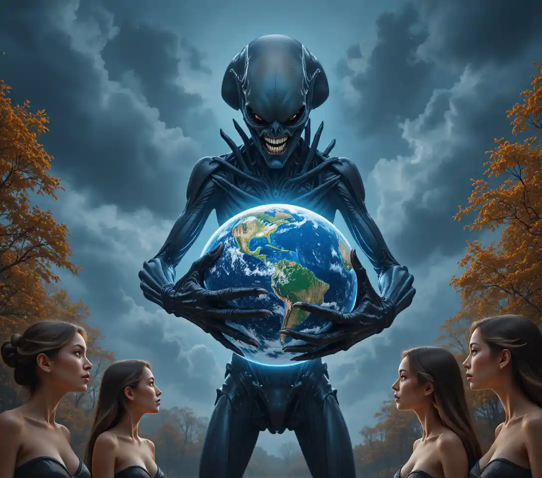 Alien creature looming over Earth in dark outer space
