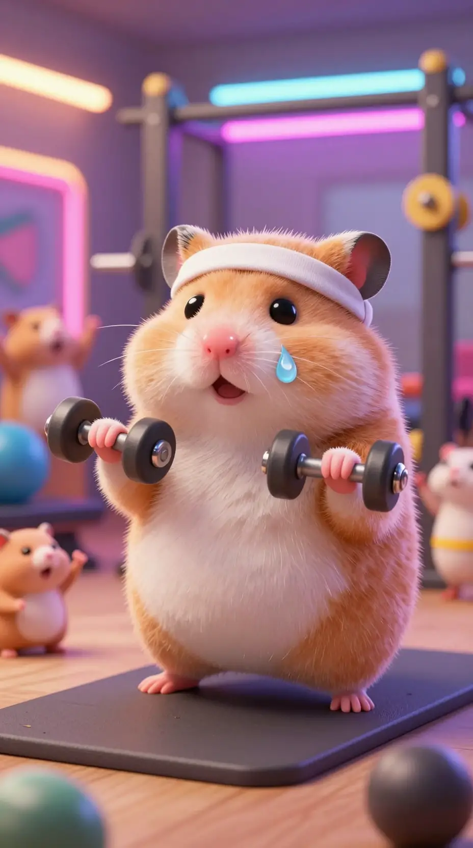 Chubby Hamster Lifting Weights In A Tiny Neon Gym