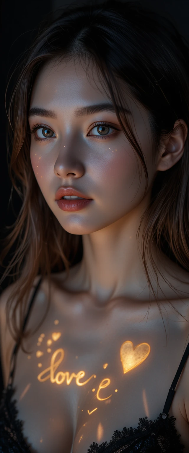 Cinematic close up of young woman with glowing love lights
