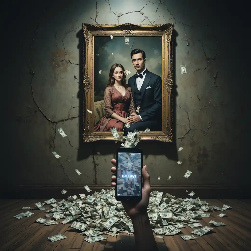 Family portrait shredding into money and social media likes