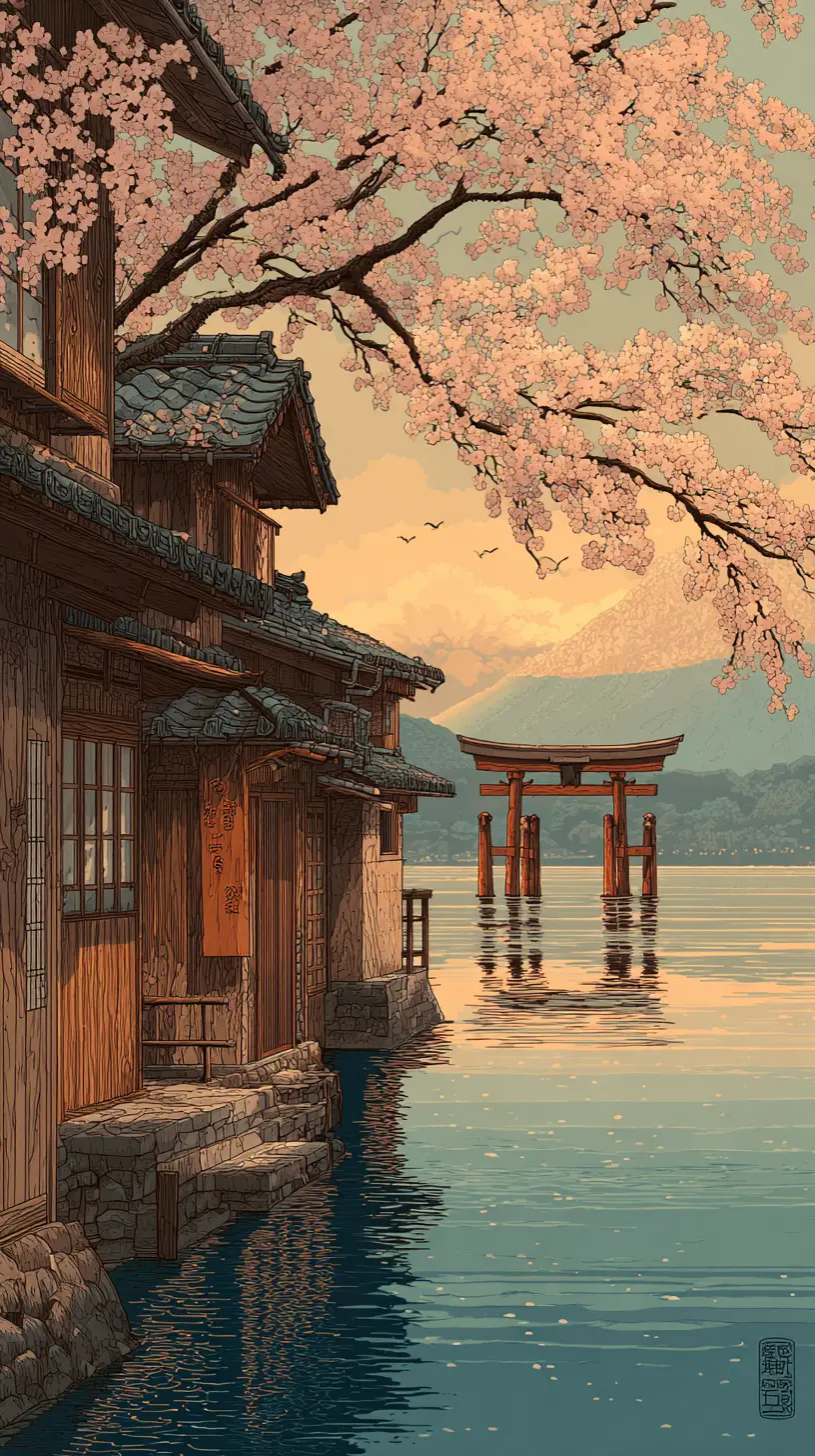 Japanese lakeside village with torii gate and cherry blossoms
