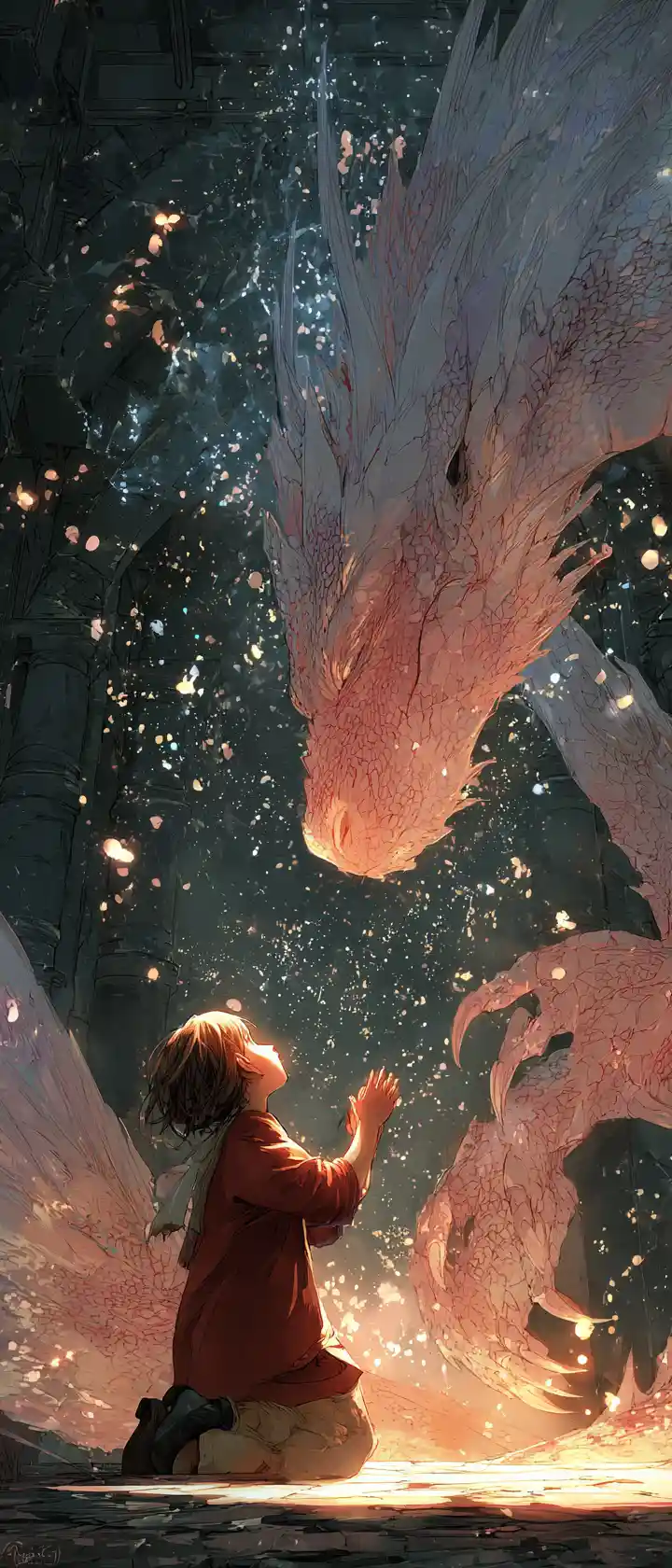 Half dragon girl kneeling in ruined dragon sanctuary