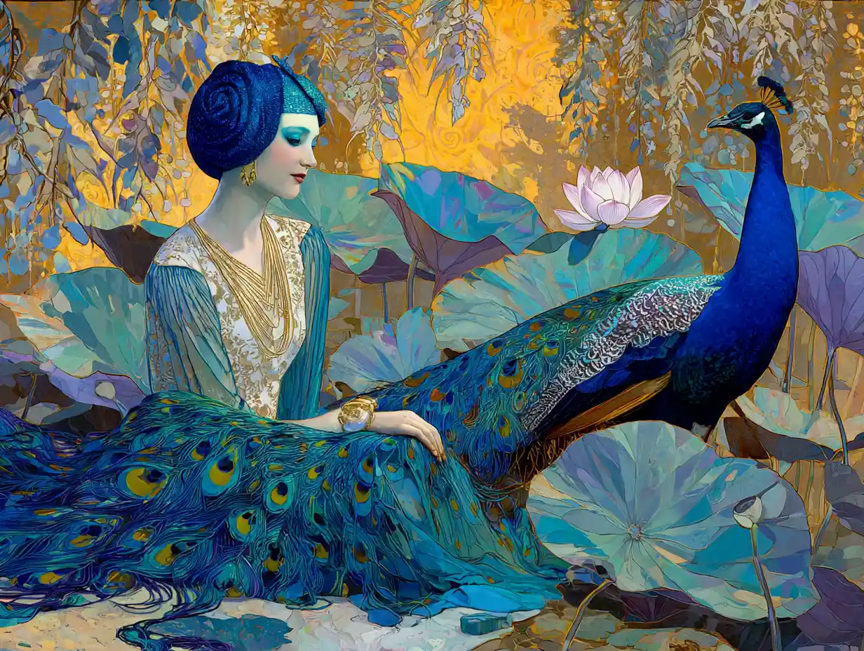 Ethereal Peacock Haired Goddess In Enchanted Garden