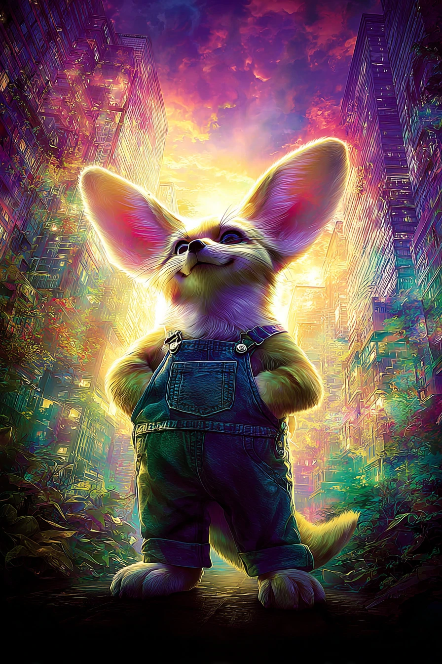 Cute fennec fox in denim overalls in a city scene