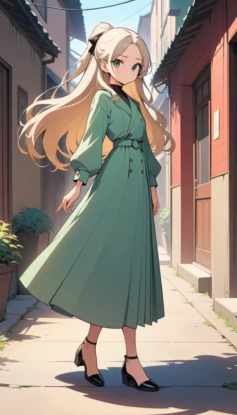 Elegant anime woman standing outdoors in sunlight