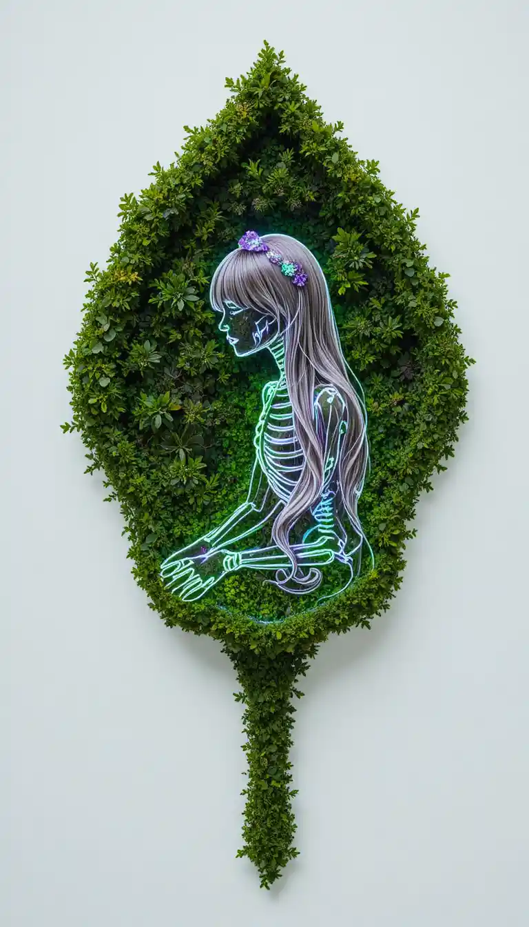 Neon skeleton silhouette of a girl within moss flower