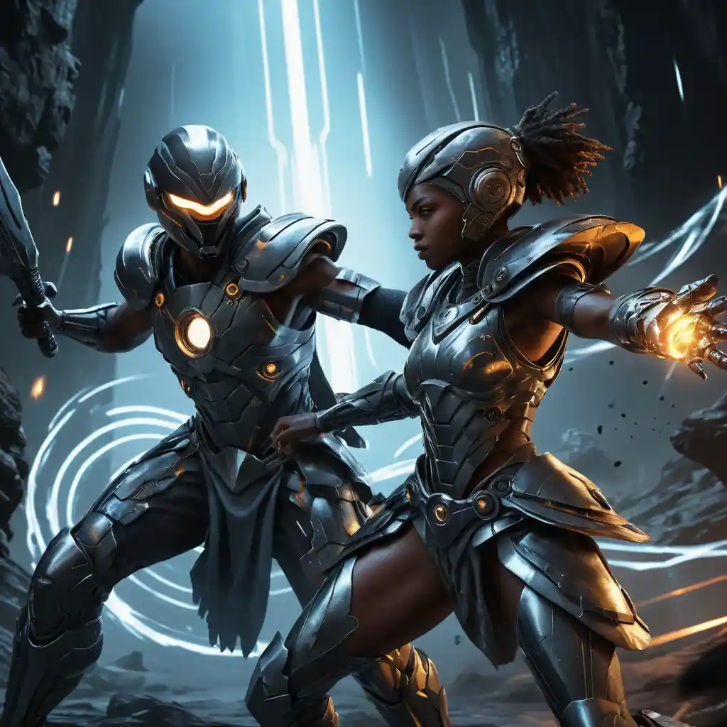 Afrofuturistic warriors clash in a dark fantasy battle scene