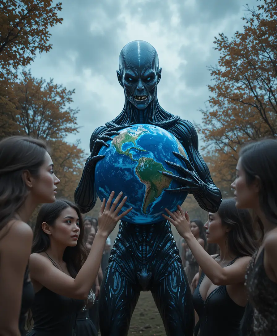 Terrifying alien clutching planet Earth in outer space