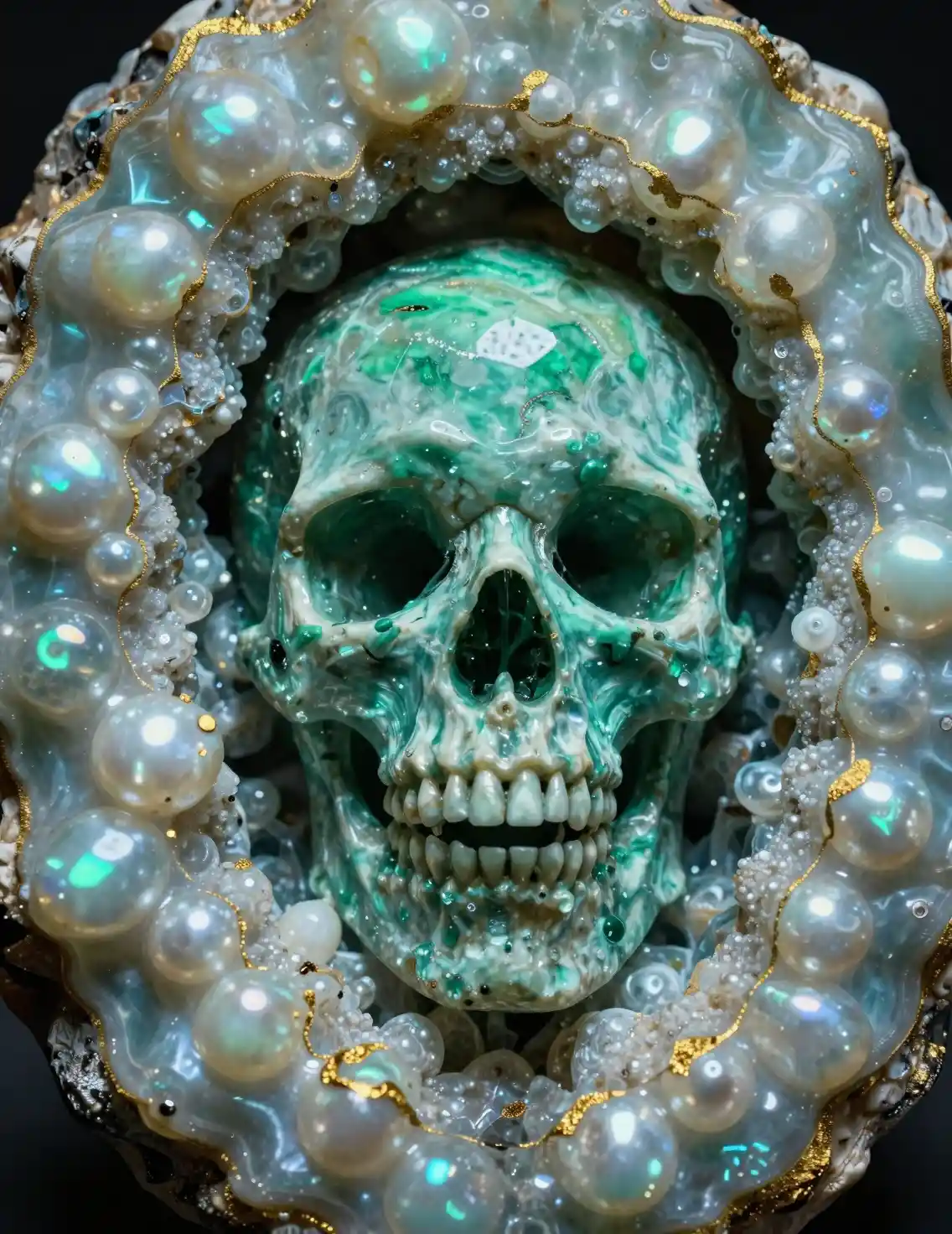 Emerald crystal skull rising from grotesque fleshy mass