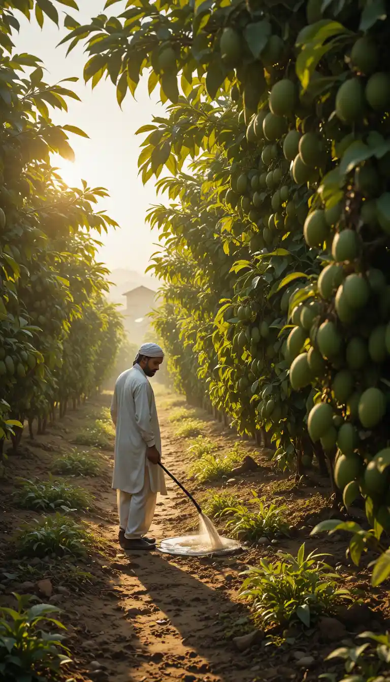 Pakistanischer Bauer bewässert bei Morgengrauen einen üppig grünen Mango-Hain