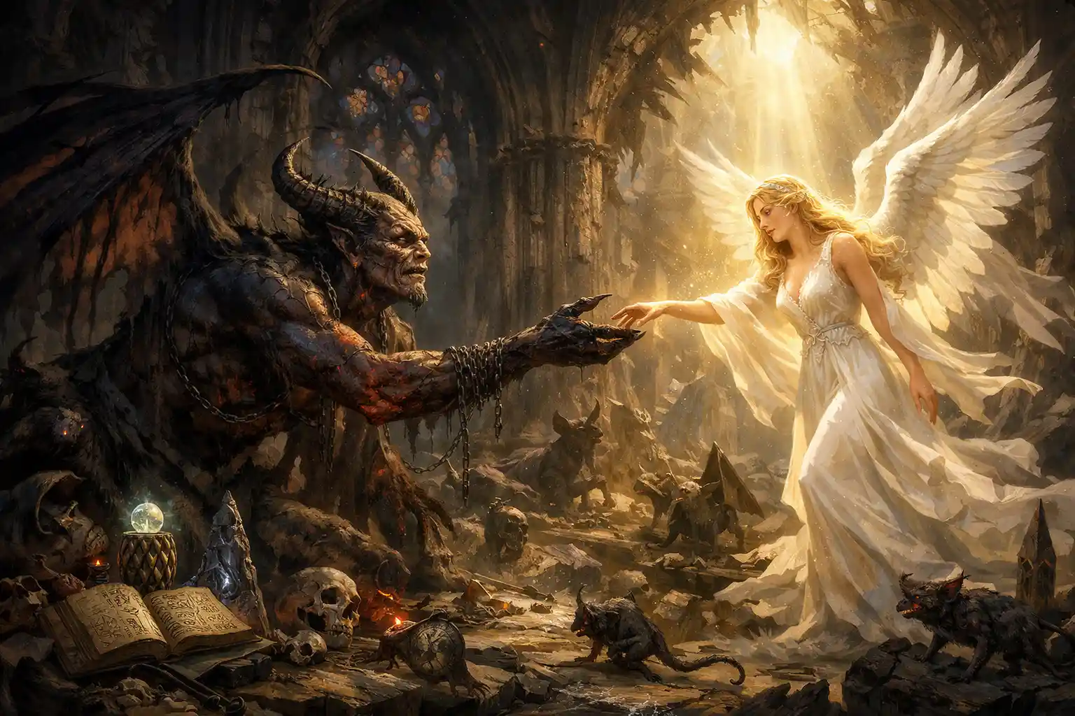 Demon Reaching For Angelic Redemption In Ruined Cathedral