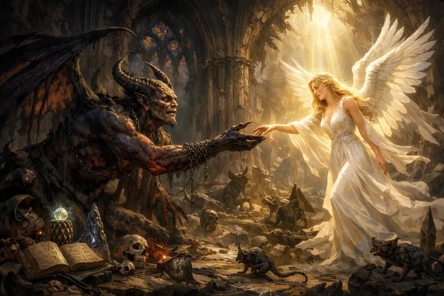 Demon Reaching For Angelic Redemption In Ruined Cathedral