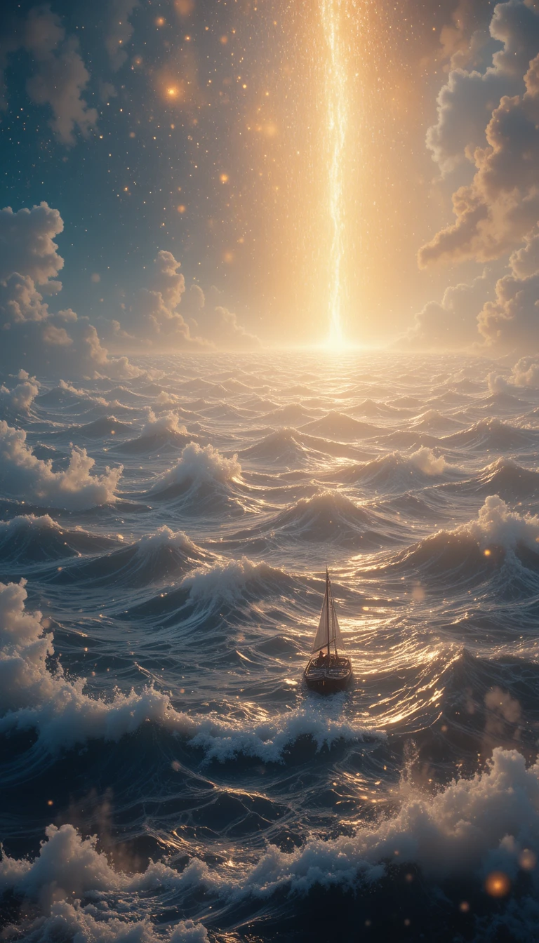 Raft Sailing Across A Glowing Fantasy Ocean Of Light