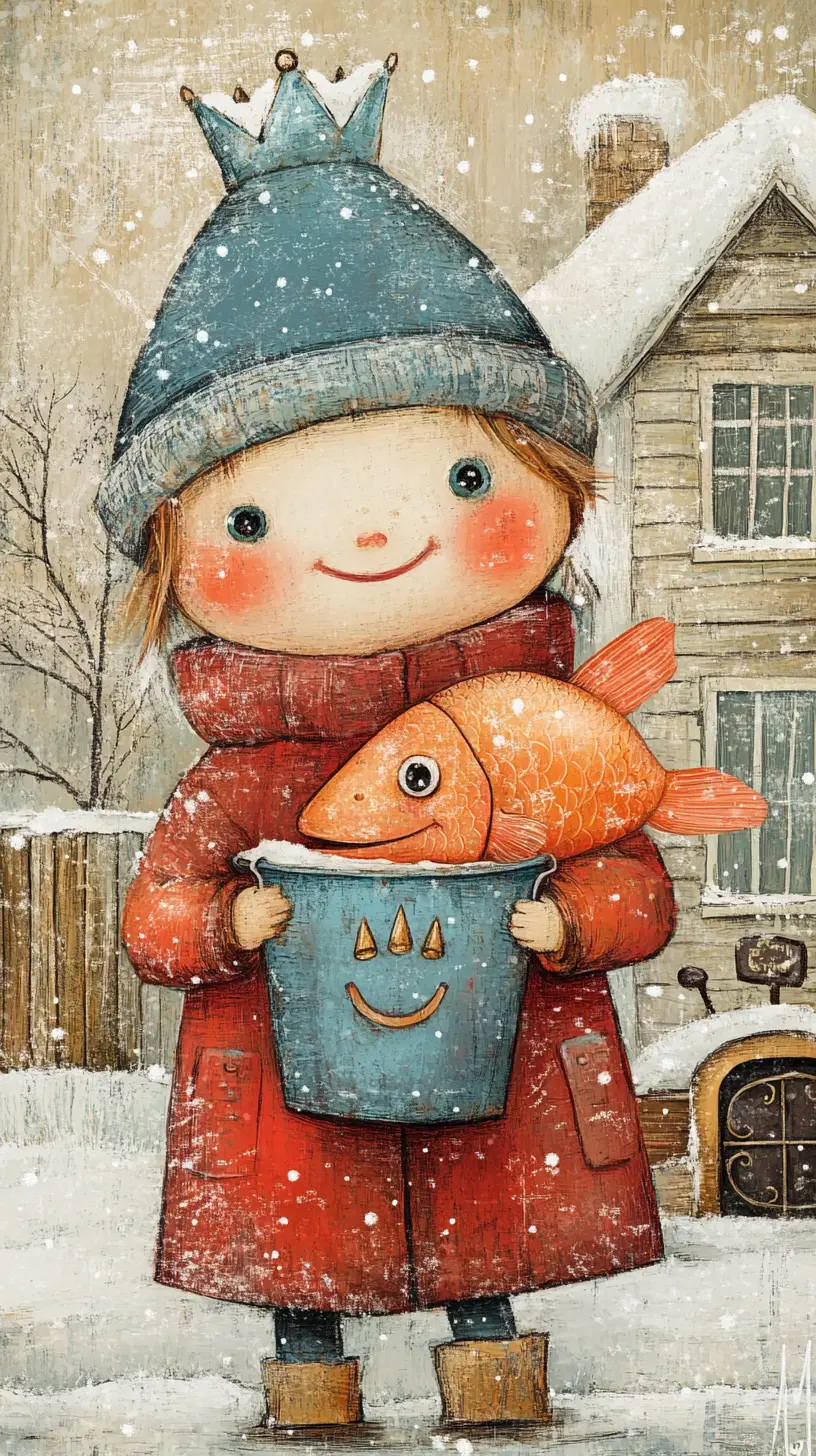Joyful child with crowned fish in cozy winter room
