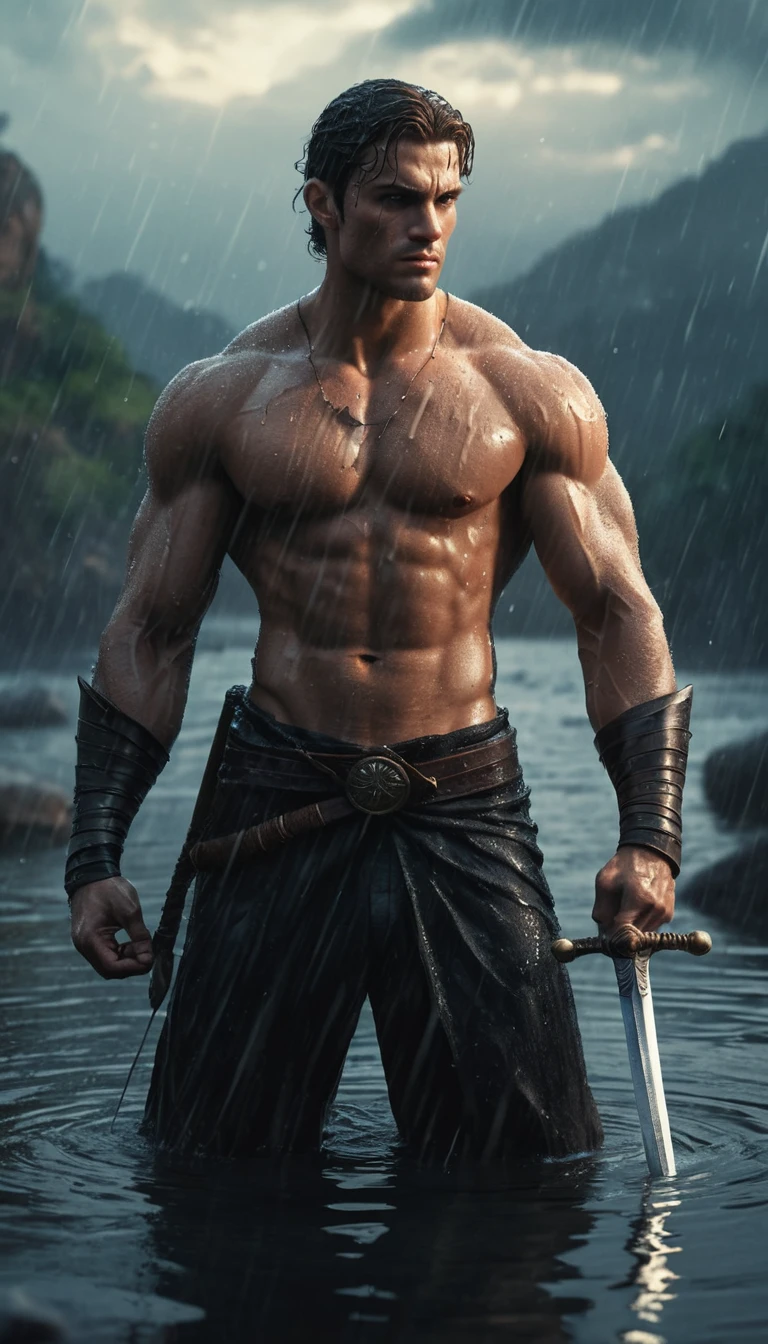 Shirtless warrior kneeling in water raising a sword skyward