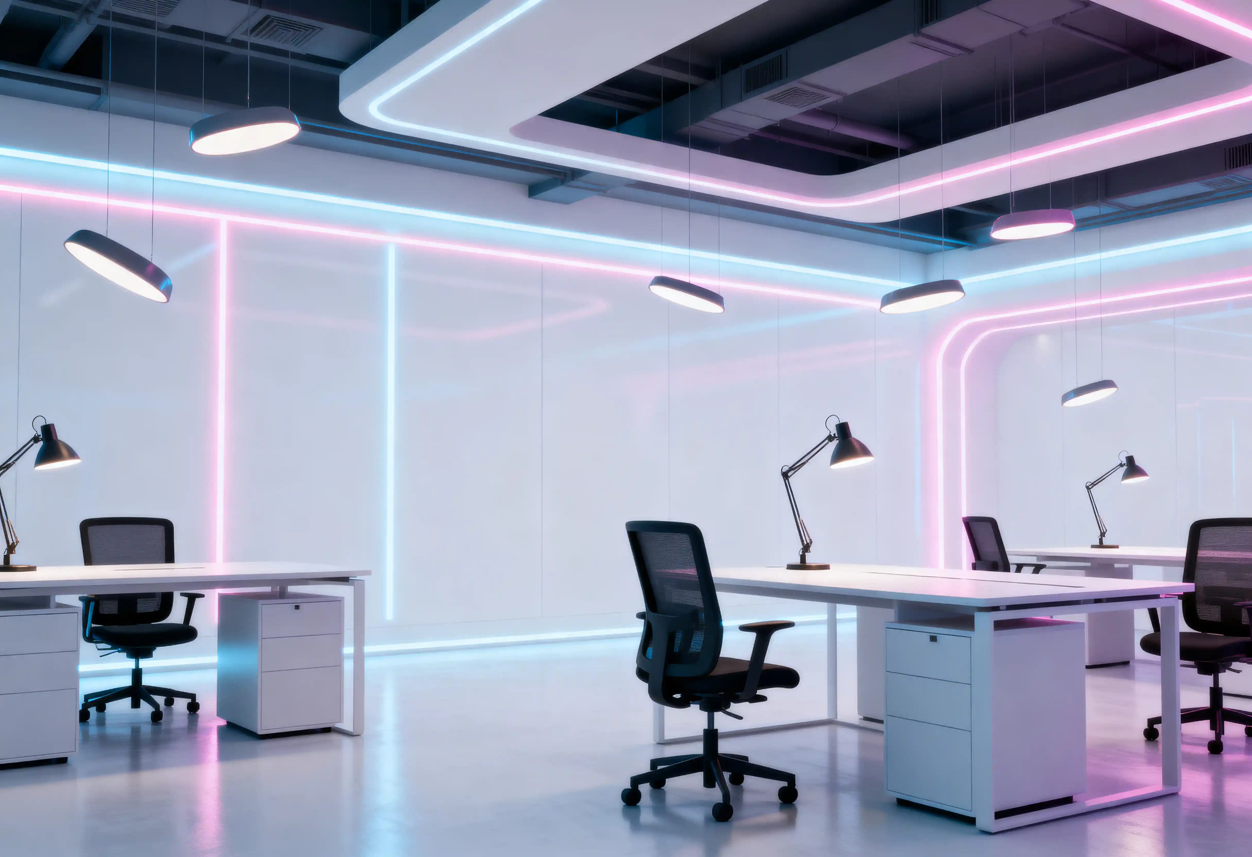Futuristic Minimal Office With Floating Desks And Chairs