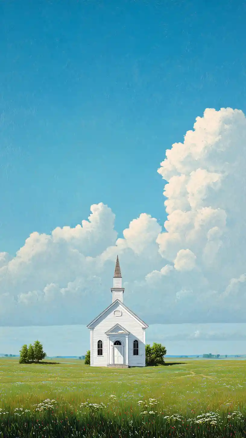 White country church on open meadow under vast blue sky
