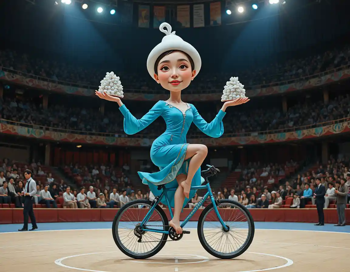 Asian woman balancing on unicycle in gym performance