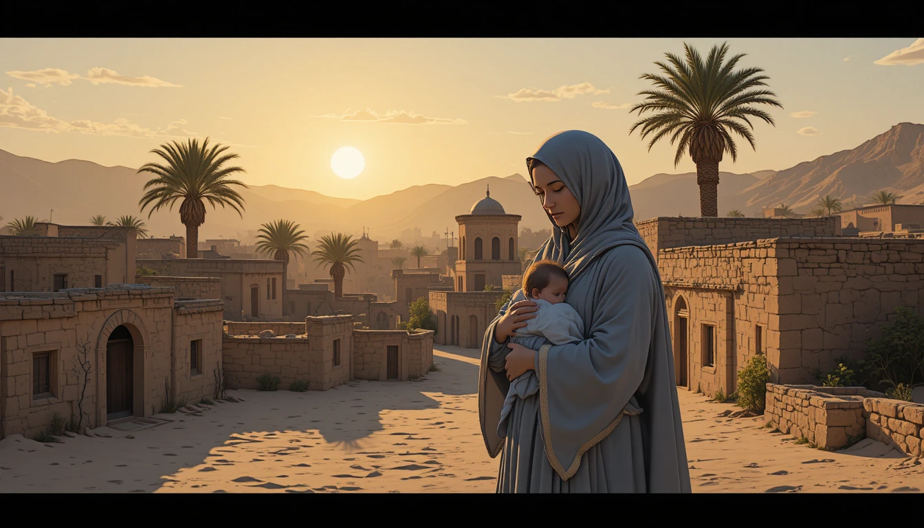 Arab mother with newborn at dawn in ancient desert city