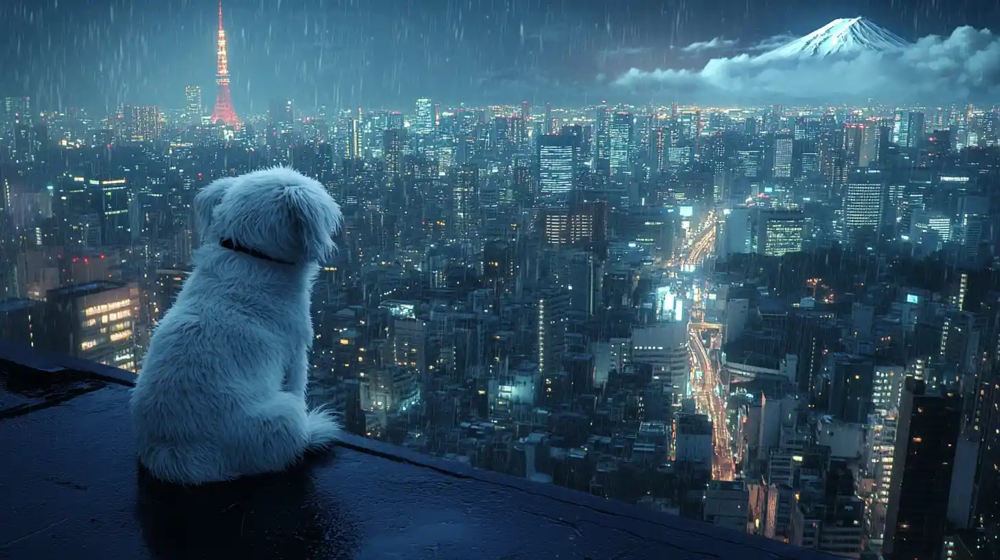 White shih tzu on a rainy tokyo rooftop at night