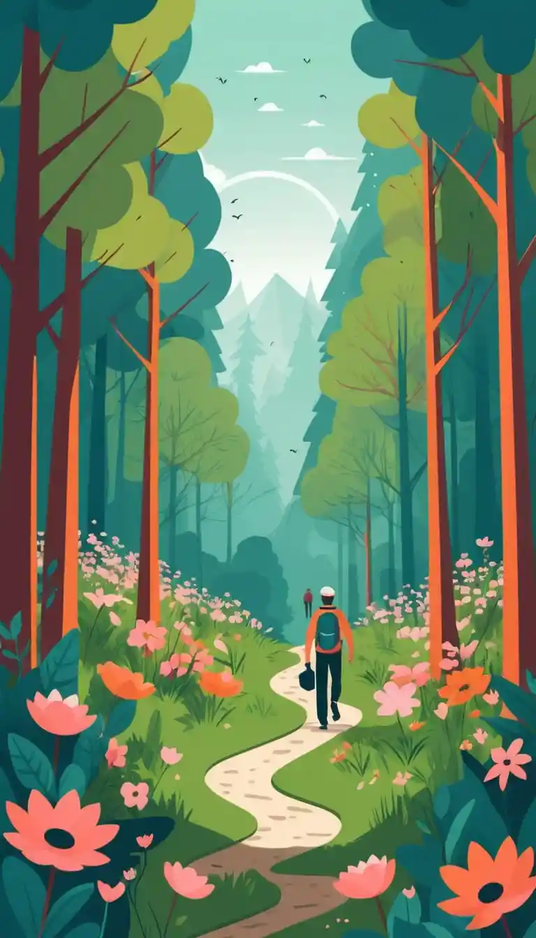 Hikers walking through a flat design forest with wildflowers