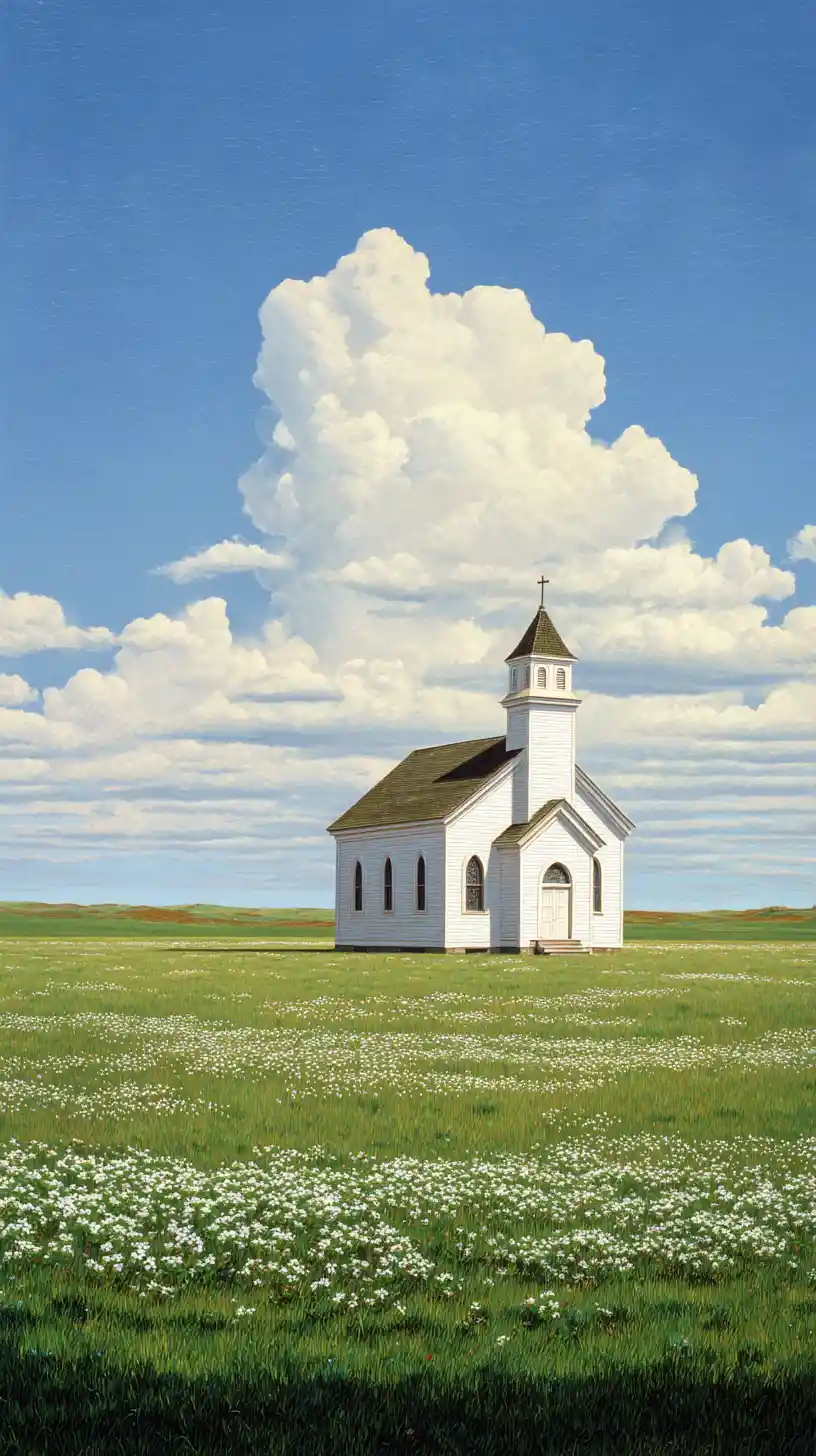 White country church on endless green meadow under blue sky
