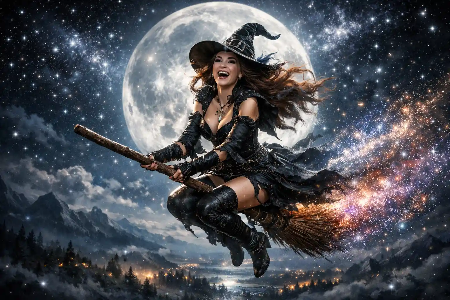 月明かりの星空を横切って飛ぶ魔女