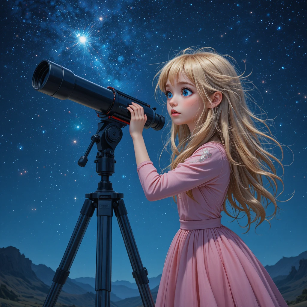 Blondes Mädchen im rosa Kleid beobachtet Sterne durch ein Teleskop