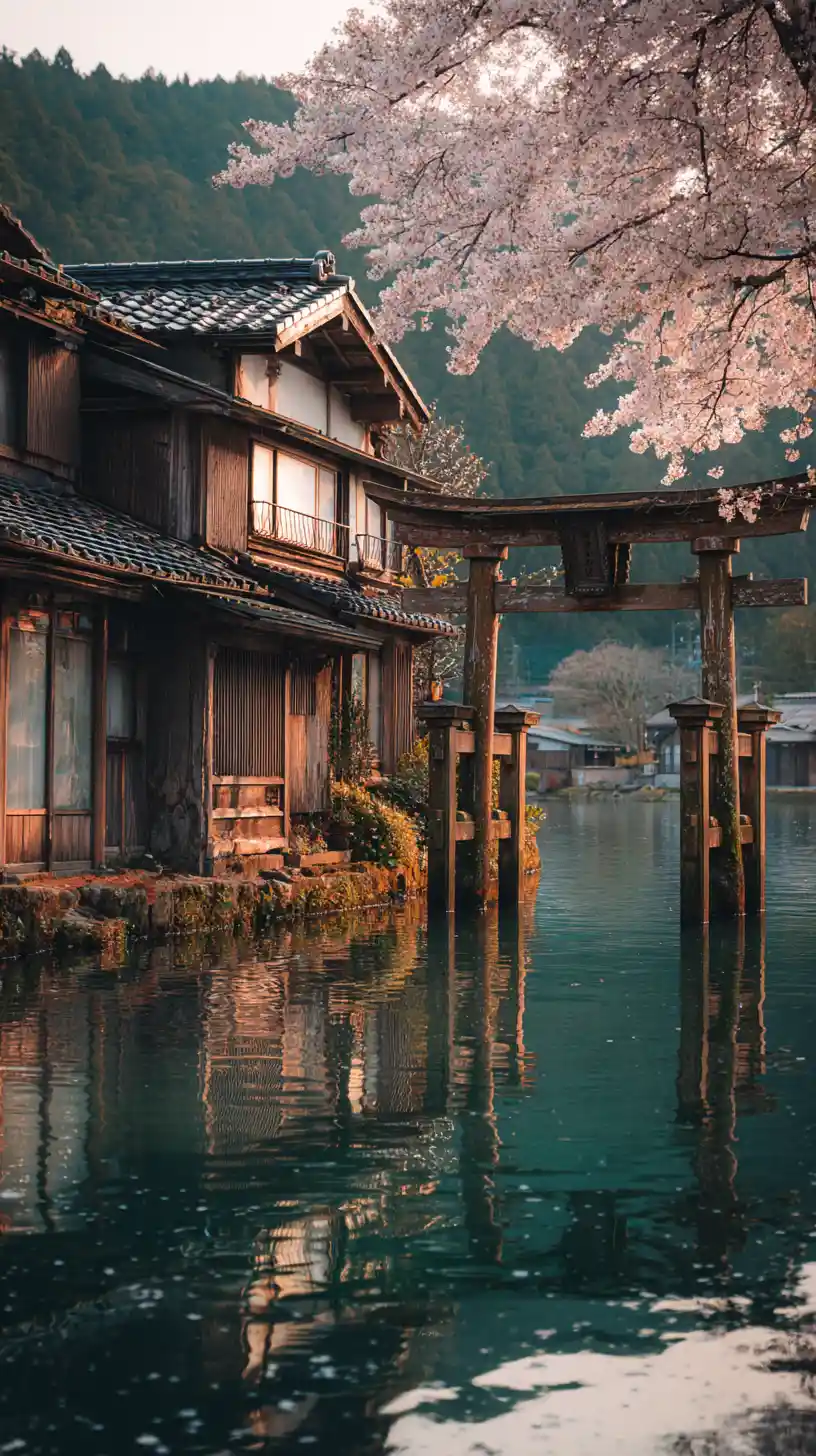 桜咲く静かな日本の湖畔の村