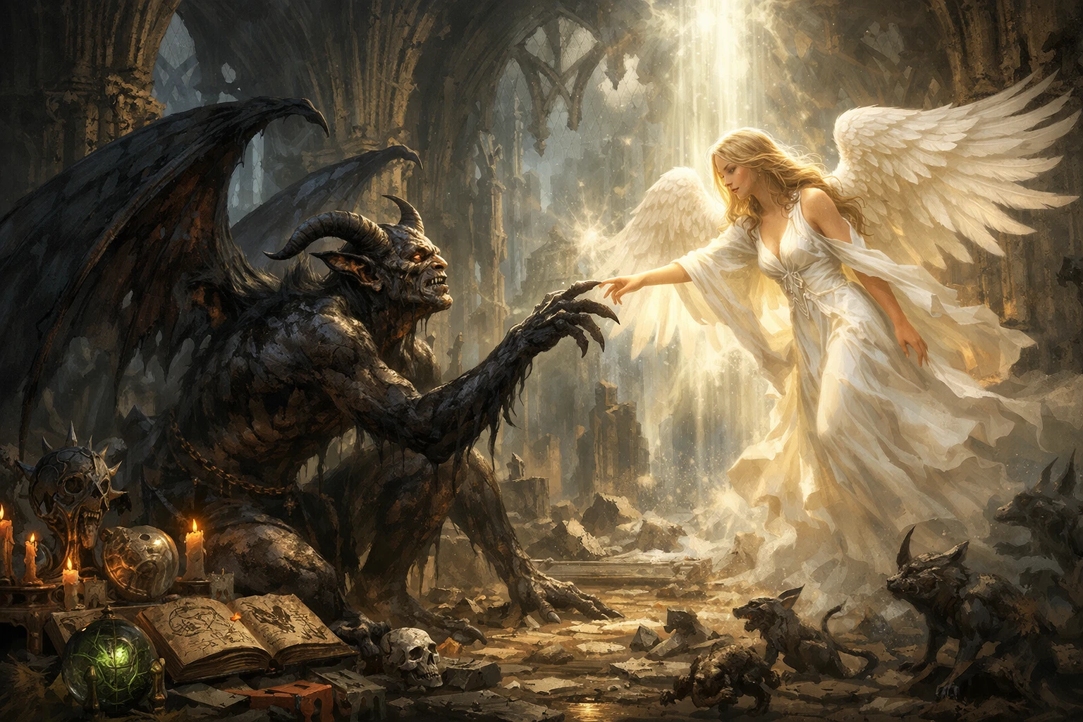 Demon Reaching For Forgiveness In Ruined Cathedral
