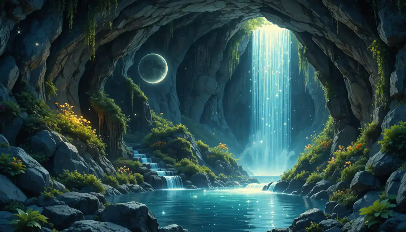 Enchanted Waterfall Grotto With Glowing Magical Flora