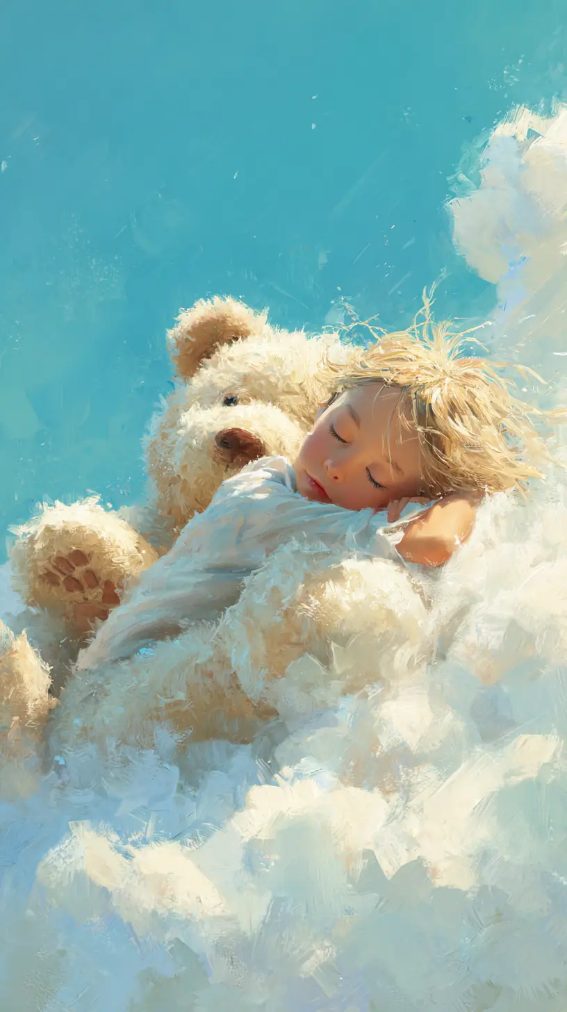 テディベアと一緒に雲の上で眠る少女