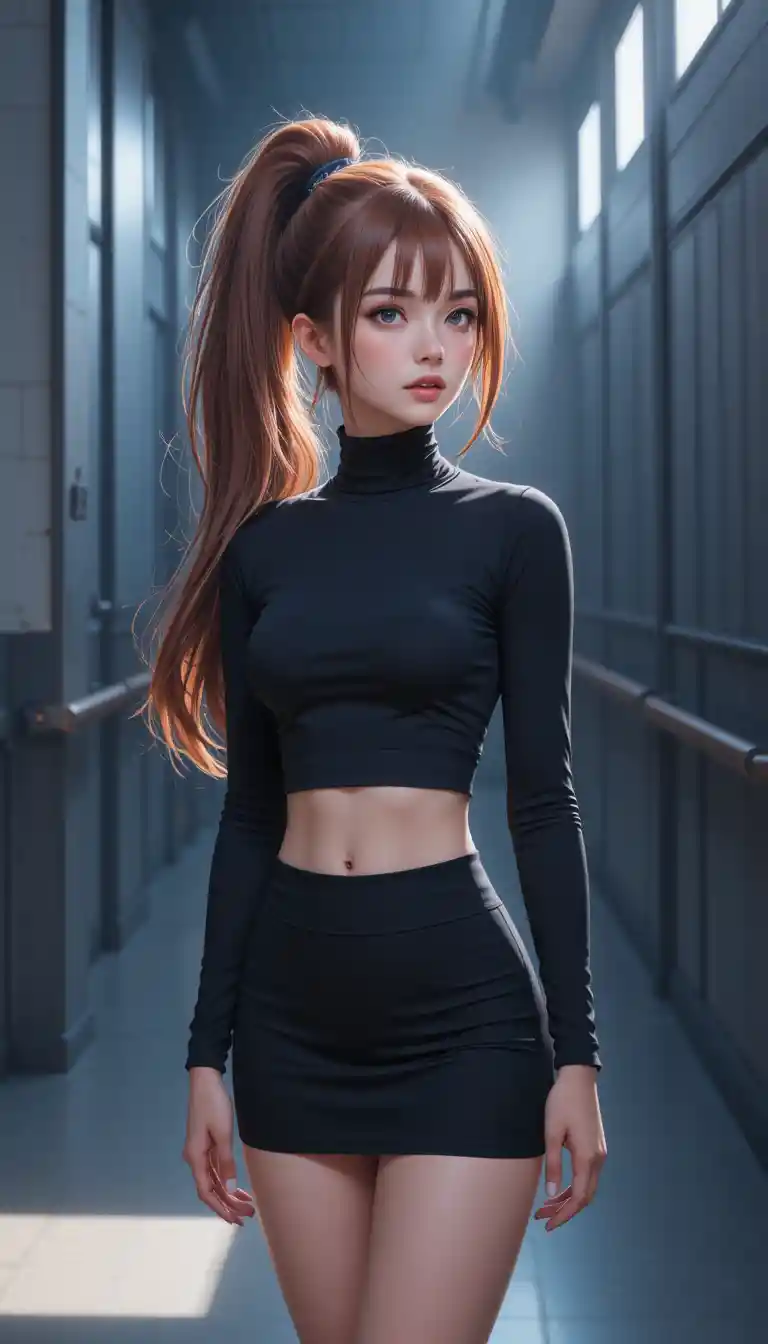Anime girl in black sportswear under dramatic studio spotlight