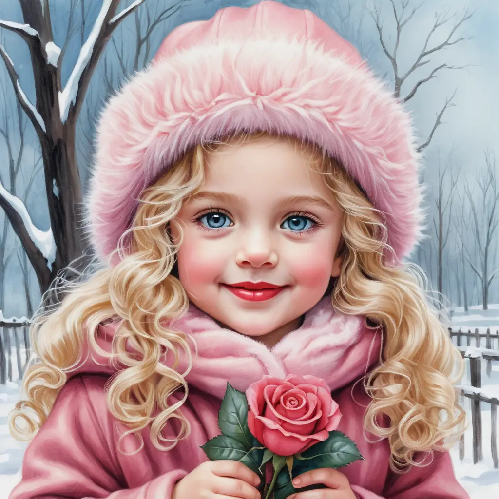 Smiling winter girl holding roses in a pink hat