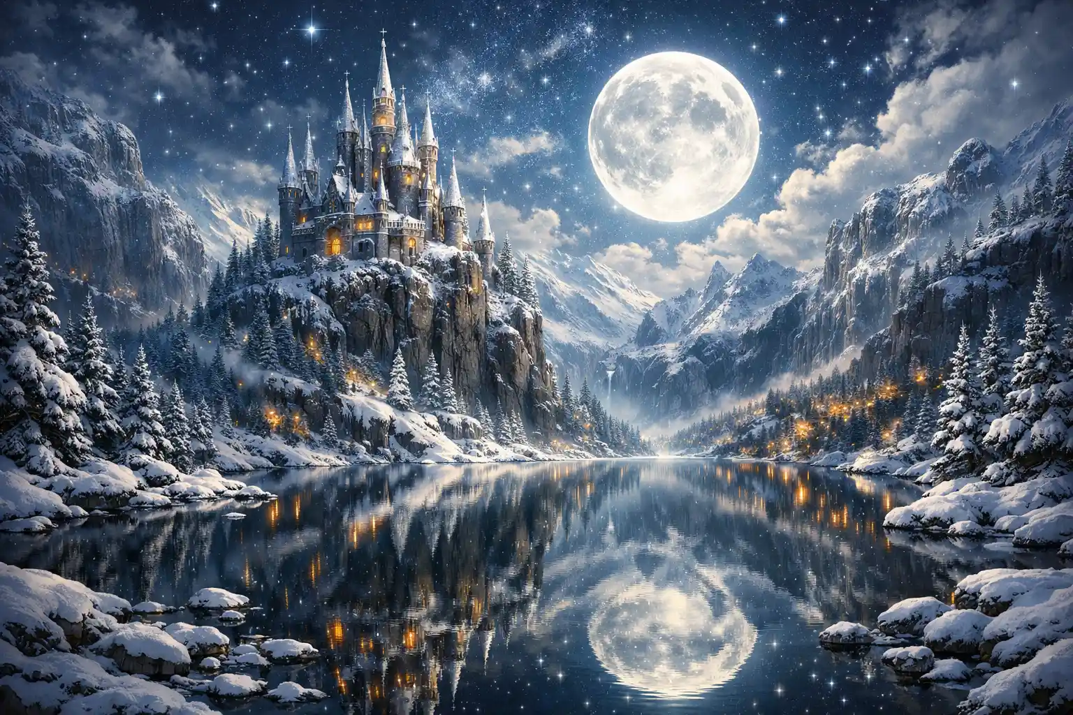Majestueux château fantastique enneigé sous une pleine lune lumineuse