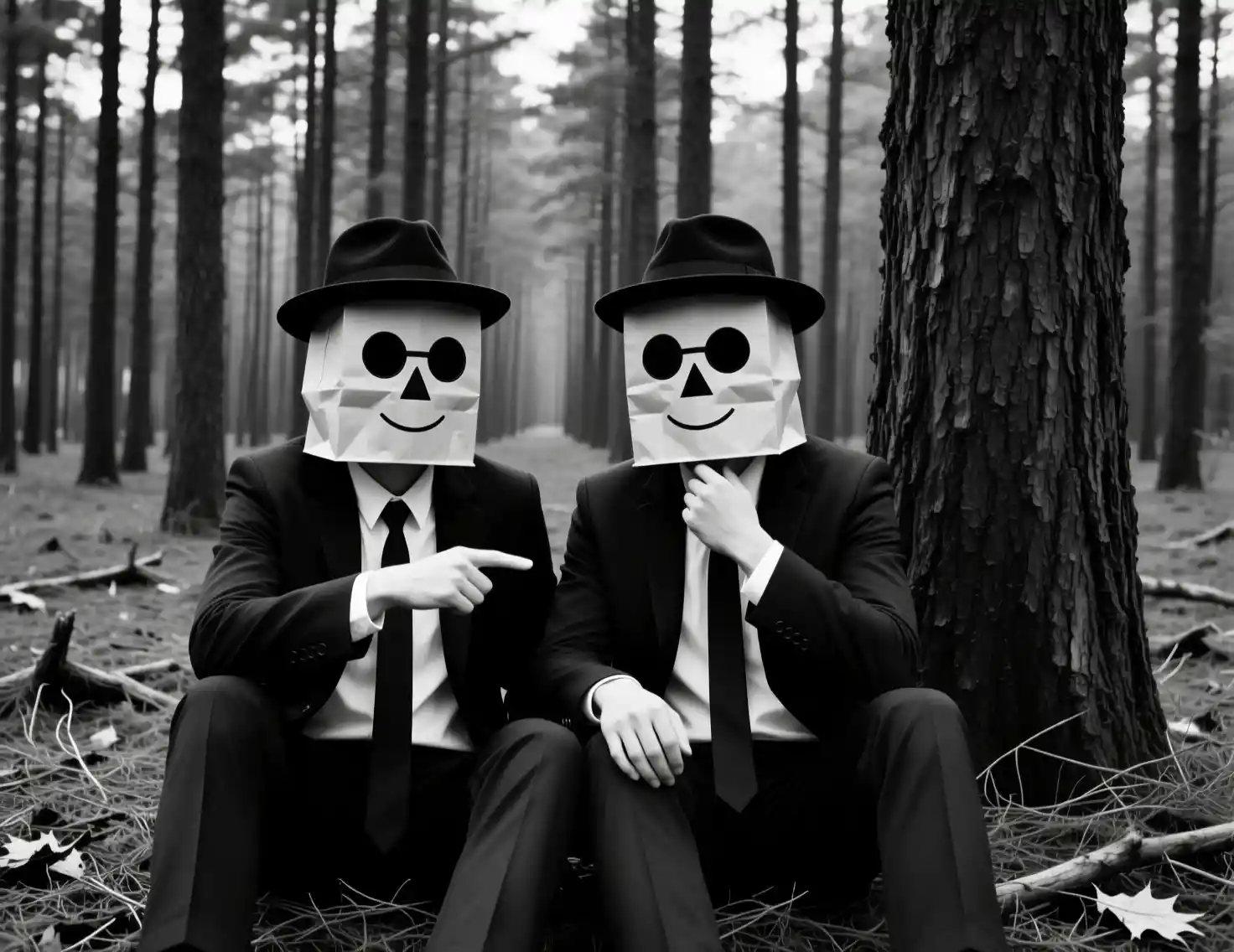 Masked figures in suits sitting in a dark forest