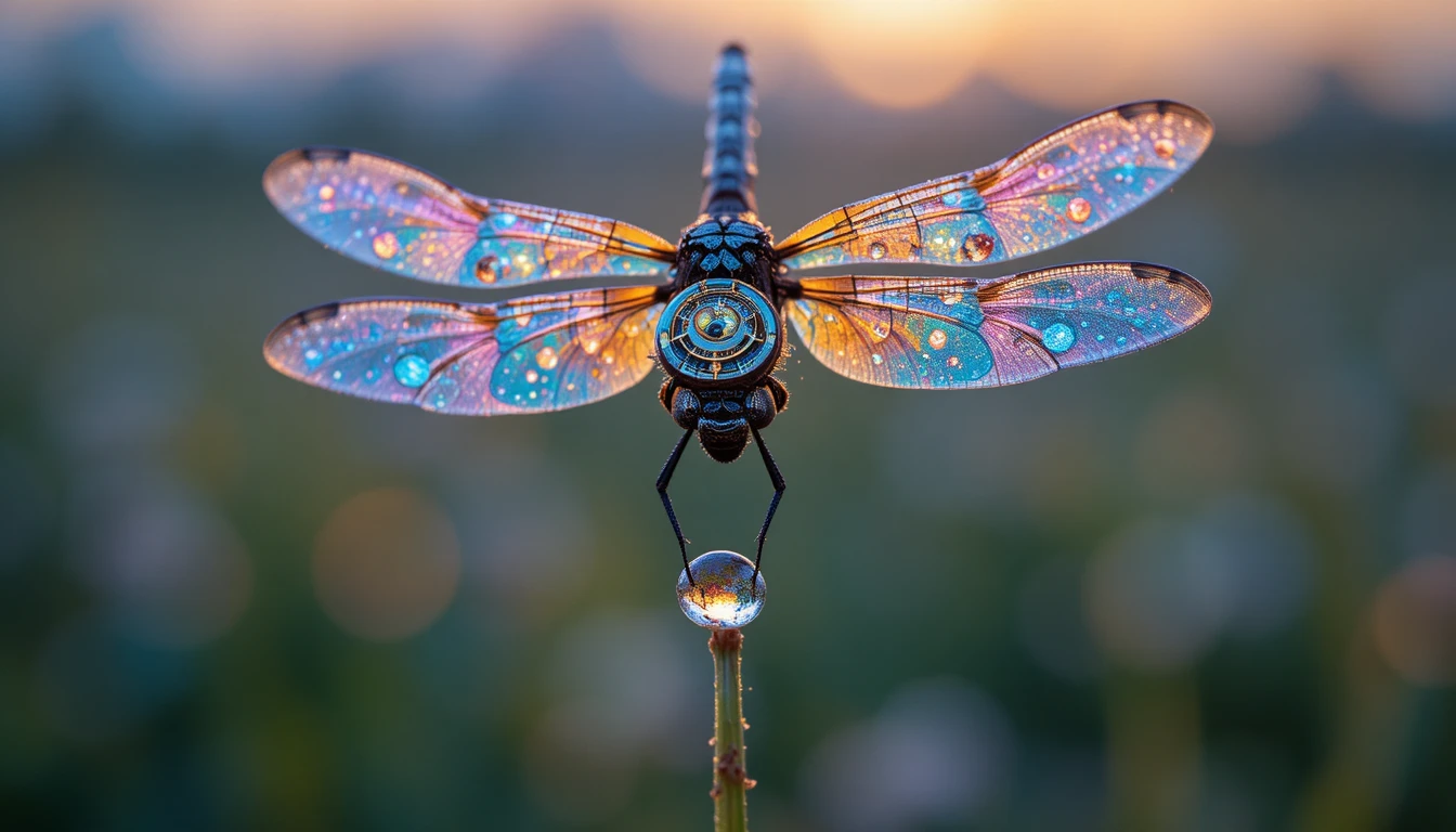 Clockwork dragonfly above dewdrop in sunrise meadow