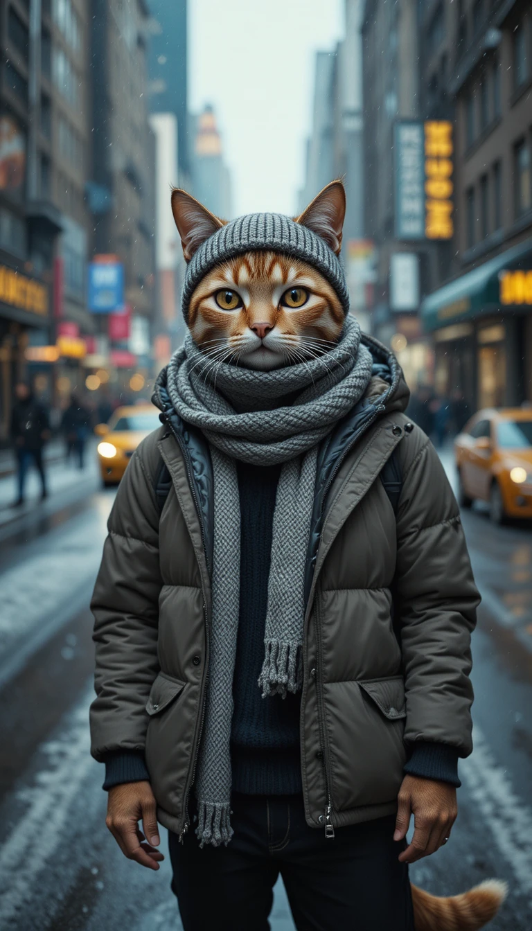 Gato antropomórfico con streetwear de invierno en una calle nevada de la ciudad