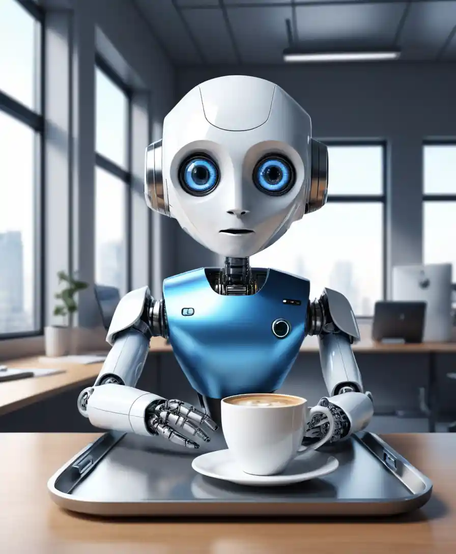 Cute robot waiter flying through a bright futuristic office