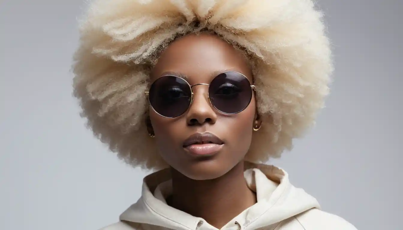 Albino African woman with voluminous blonde afro in studio