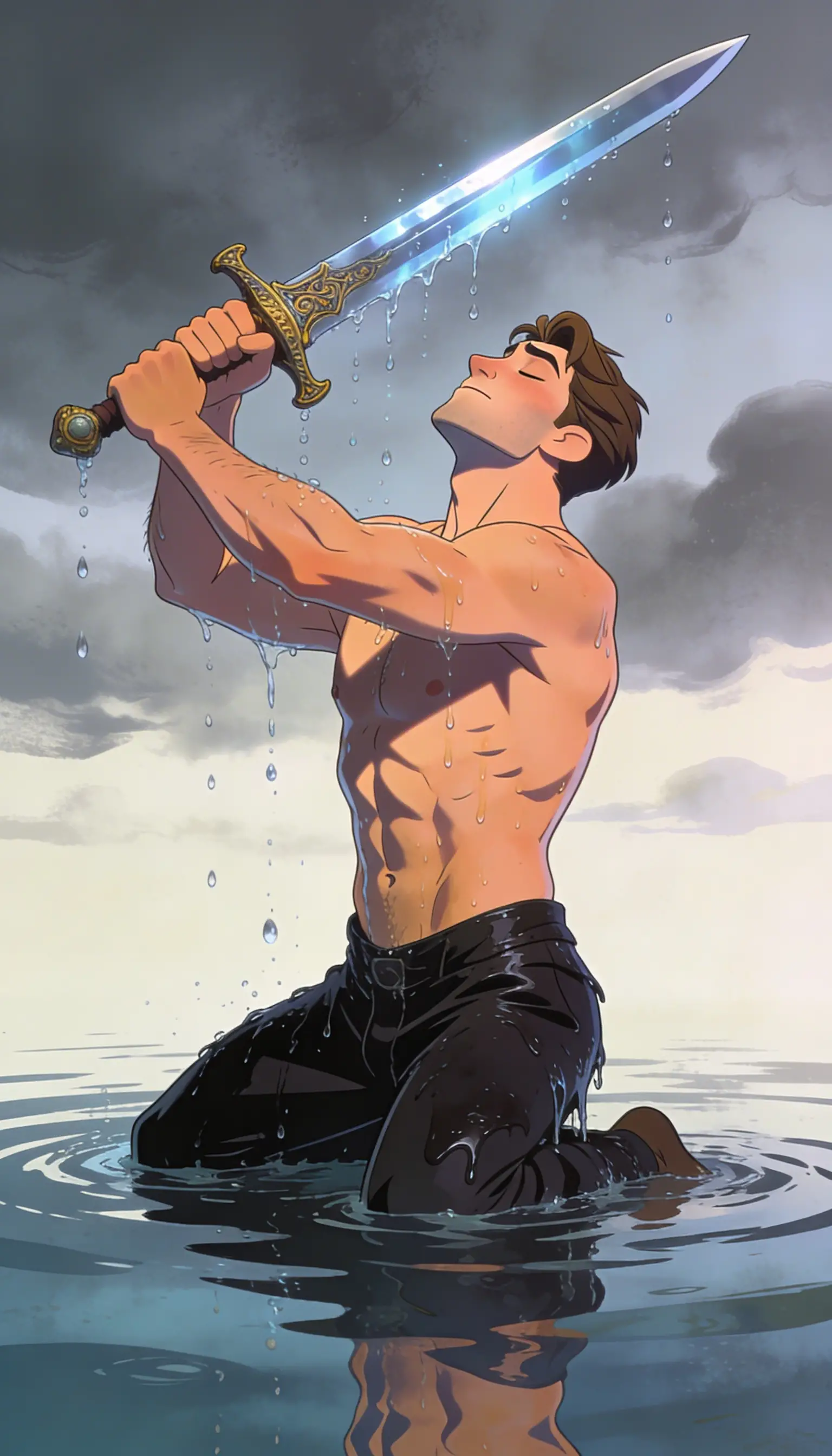 Shirtless warrior kneeling in water raising a sword