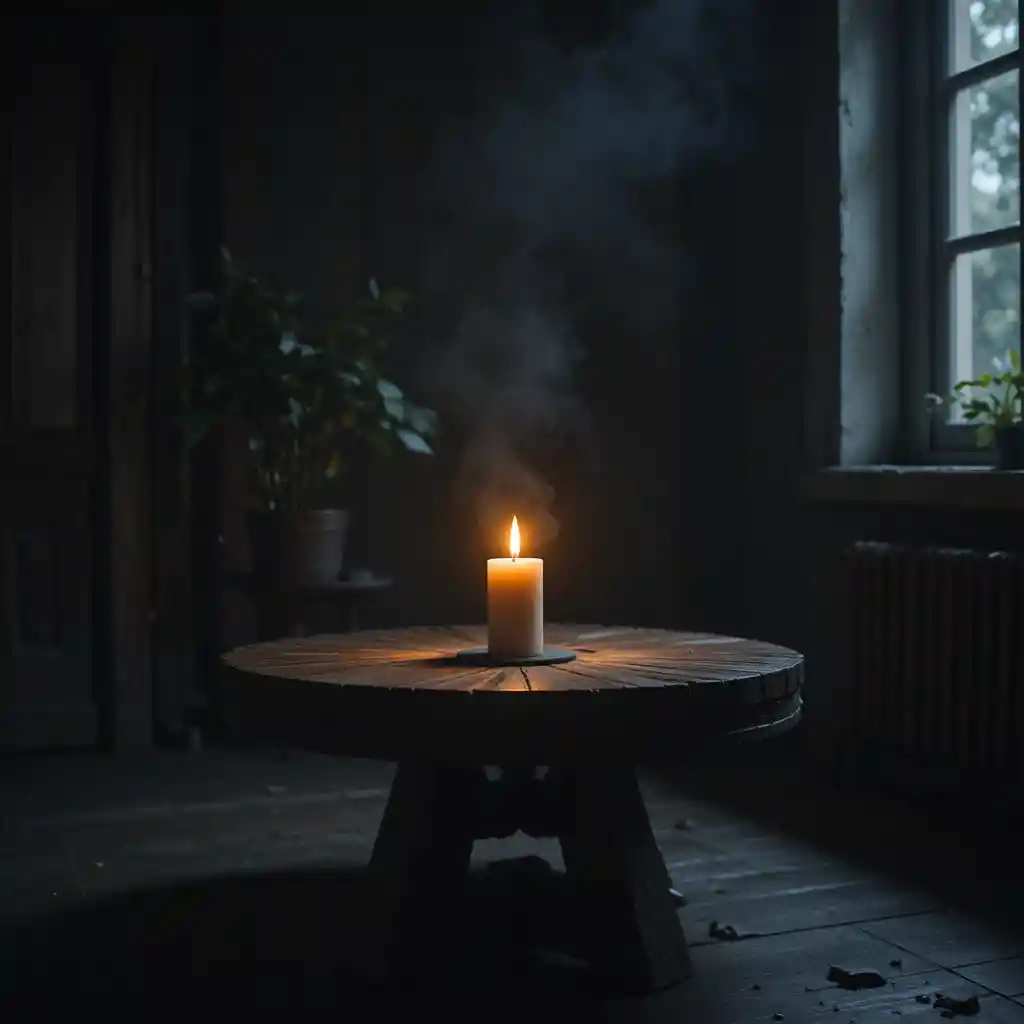 Single candle on dark wooden table in shadowy room