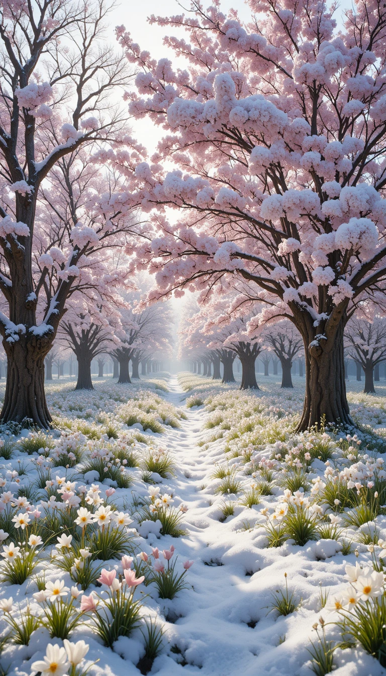 Flores de cerejeira e neve em uma paisagem mágica de inverno e primavera
