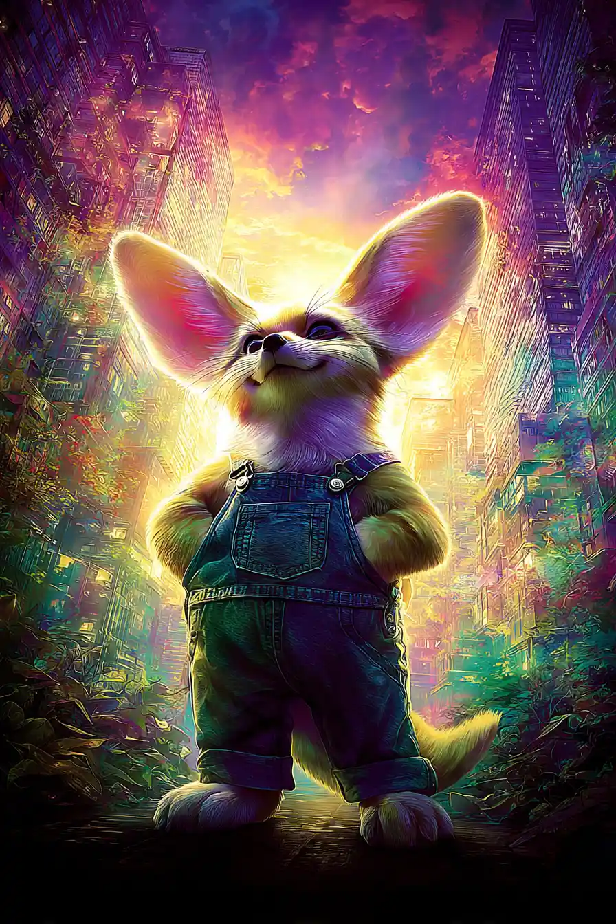 Dolce volpe fennec con salopette di jeans in una scena di città