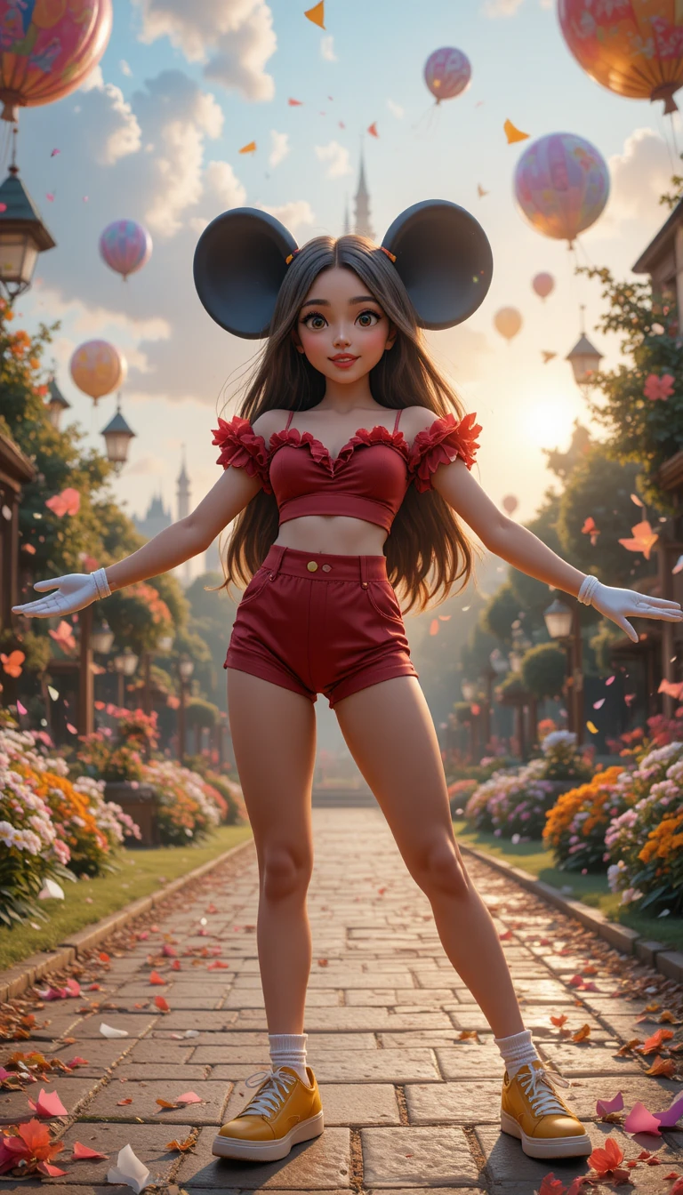 Joyful anime boy in red outfit at fantasy park